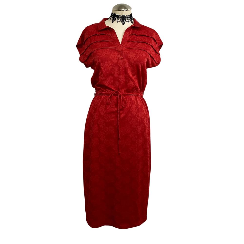 Young Edwardian 70s Red Shirtdress Workwear Chic Belted Collar Knee Length Retro